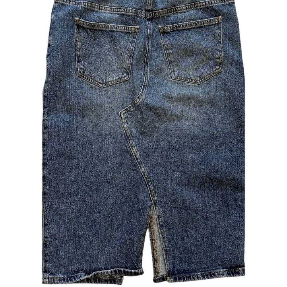 Lucky Brand Womens Denim Midi Skirt 8/29 Blue Front Back Slit Casual Whiskering - Picture 3 of 9